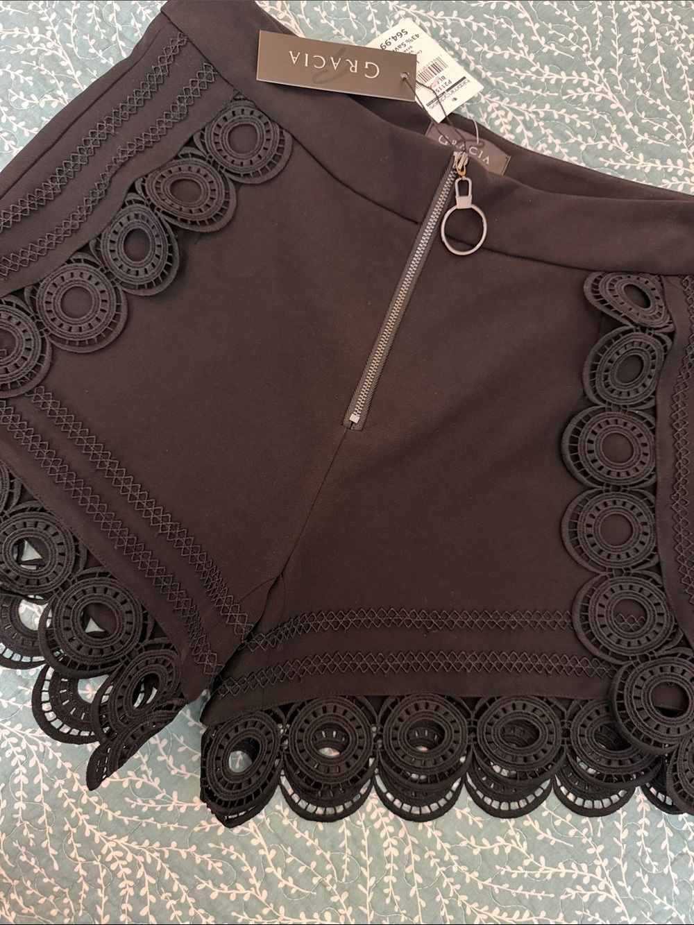 Gracia Black High-Waist Scalloped Lace Trim Shorts